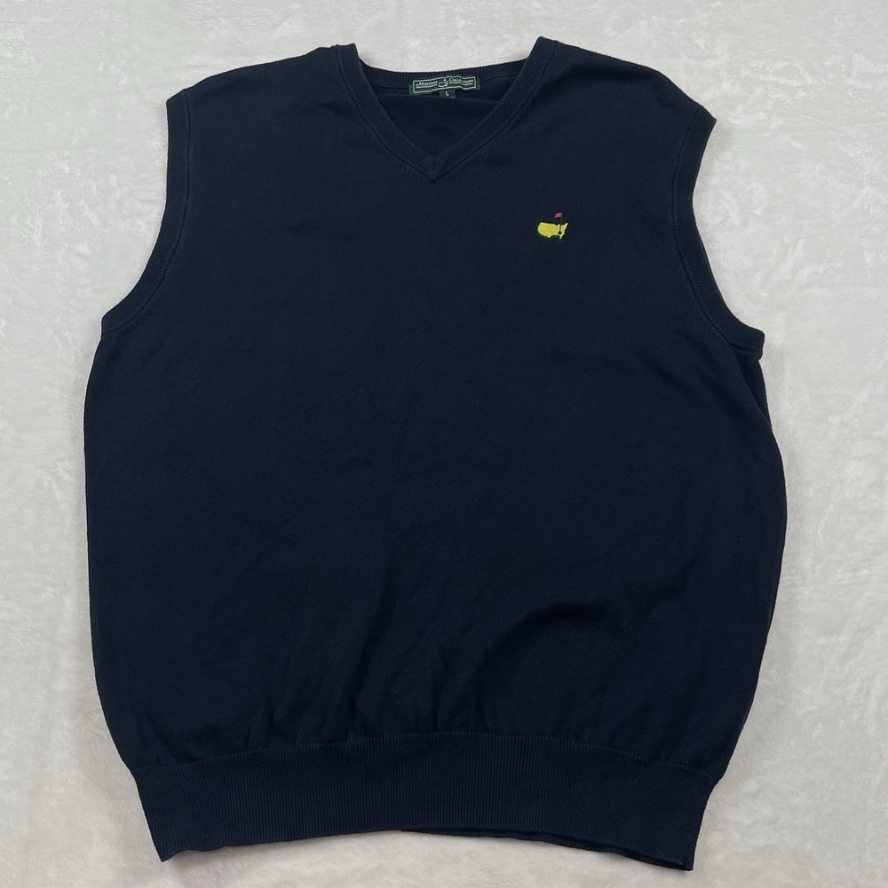Masters Collection 100% Pima Cotton V Neck Vest Sweater Pin Logo L Navy Blue